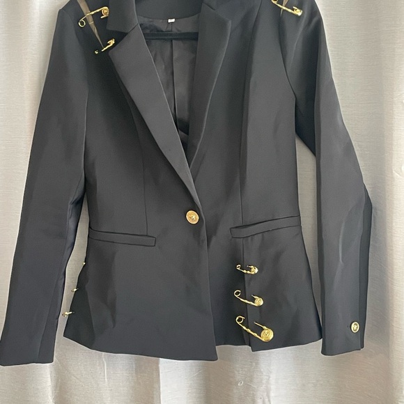 Black Women's Tailored Blazer with Gold Pin Details - Picture 4 of 11